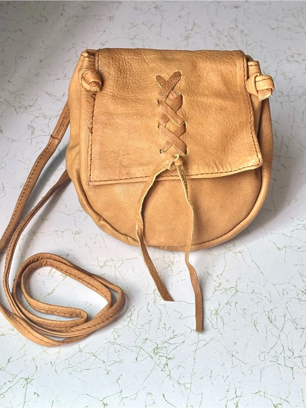 Vintage Tan Leather Crosslace Boho Crossbody Bag | Small | Made in India